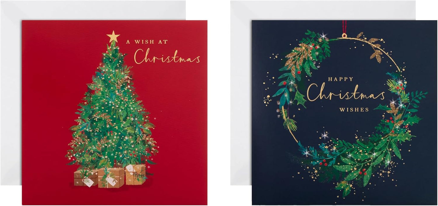 Xmas Tree & Wreath Pack of 16, 2 Designs Multipack Charity Christmas Cards