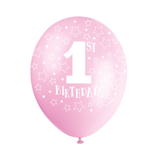 Pack of 5 Pink 1st Birthday 12" Latex Balloons