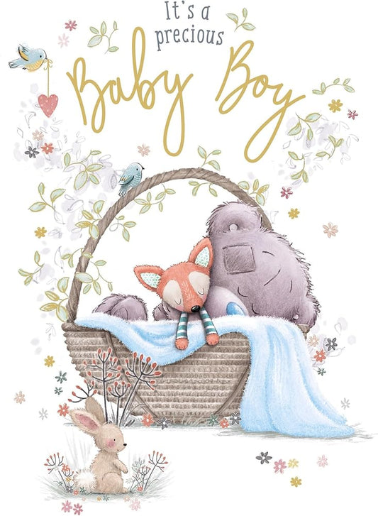 Bear In Basket With Fox Birth Of Boy Congratulations Card
