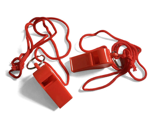 Pack of 15 Red Plastic Whistles with Lanyard