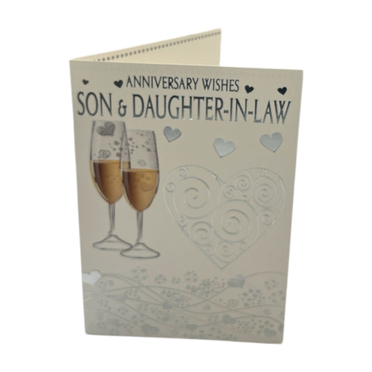 To Son & Daughter-In-Law Champagne Glass Silver Heart Traditional Design Anniversary Card