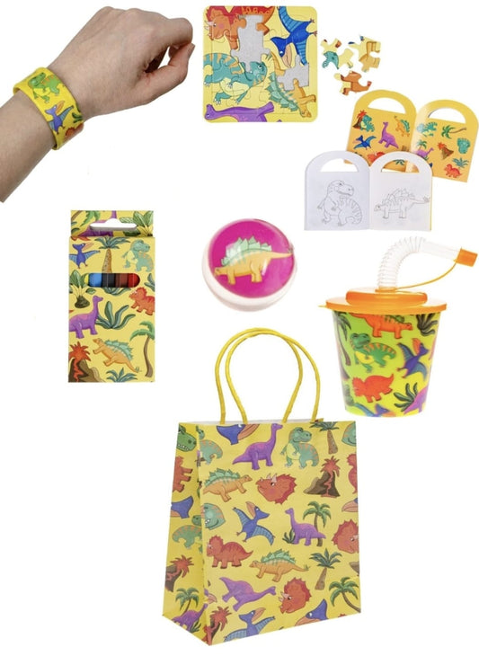Pre Filled Dino Theme Kids Party Favour Bag – Gift Bag with Reusable Cup & Themed Toys