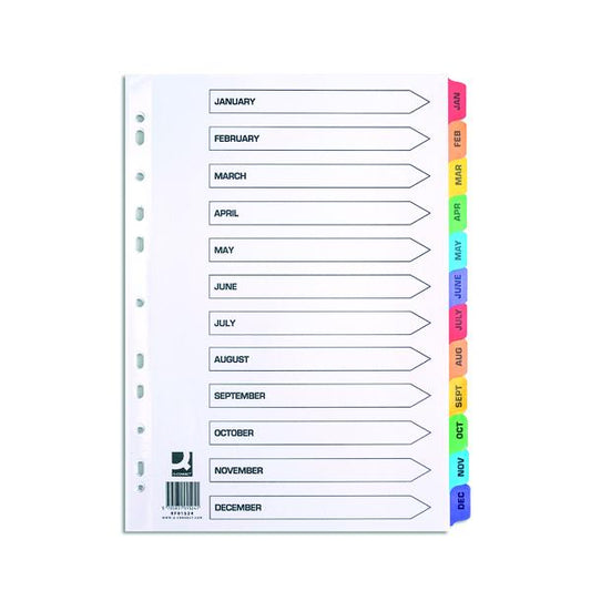 A4 Pre-Printed Tabs Multi Punched January to December Reinforced Multi-Colour Index