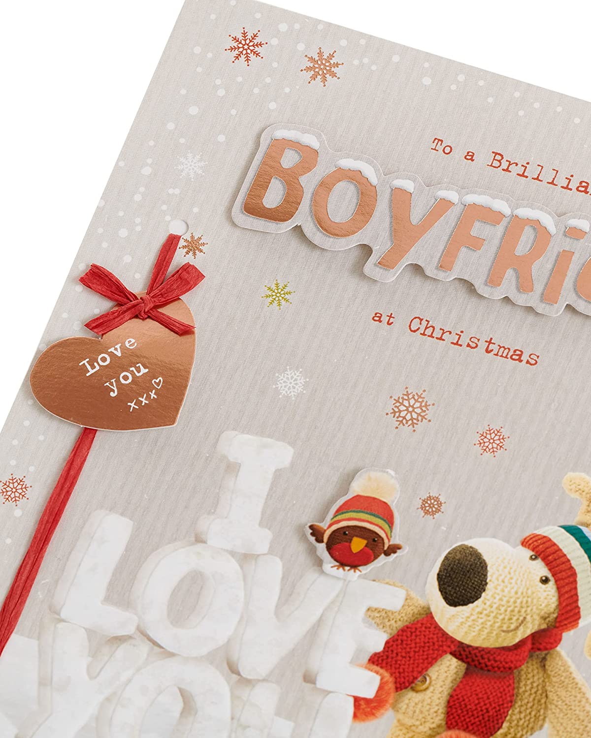 To a Brilliant Boyfriend Boofles Stood in The Snow with Big Snow Words Christmas Card