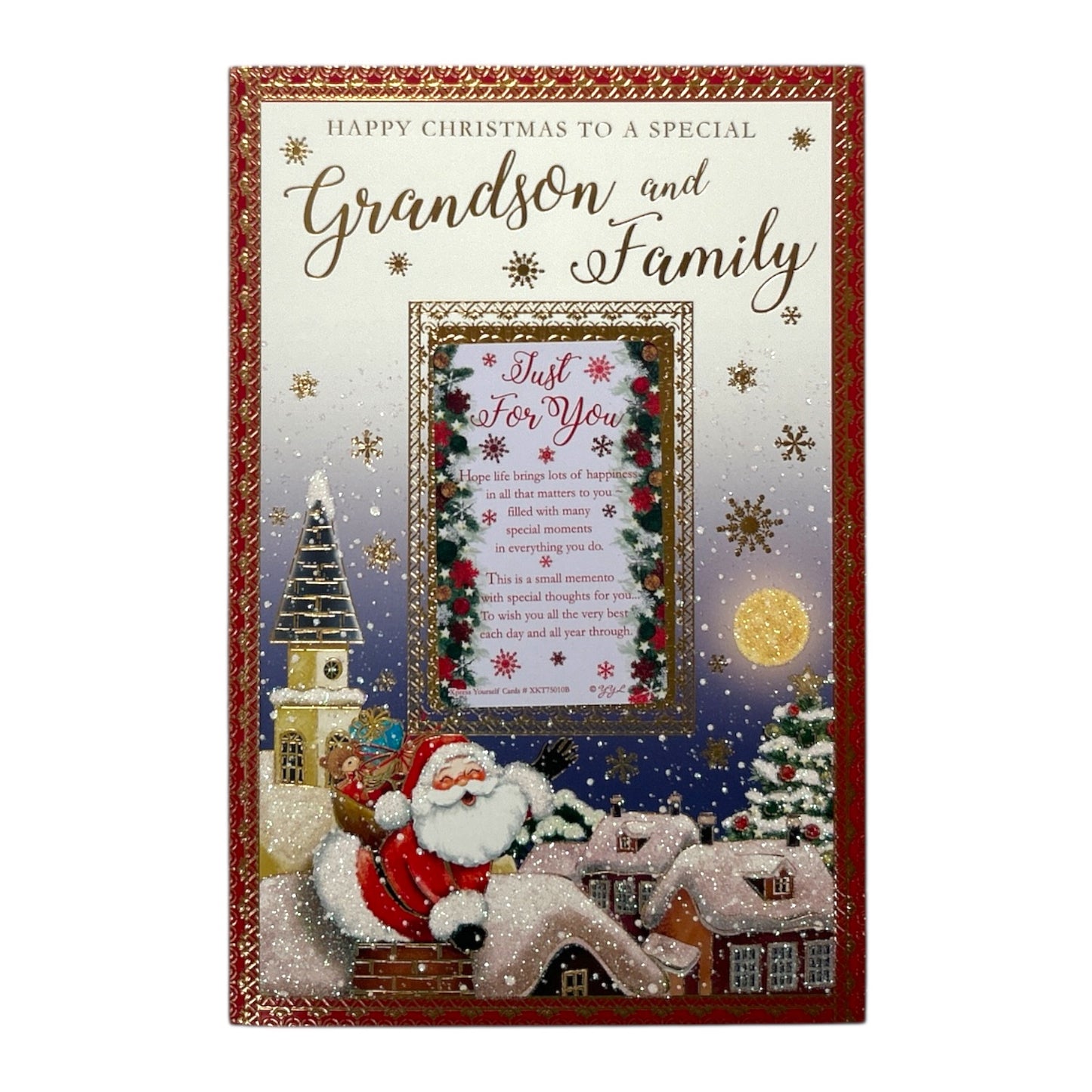 For Grandson & Family Santa Rooftop Design Christmas Card with Keepsake Card