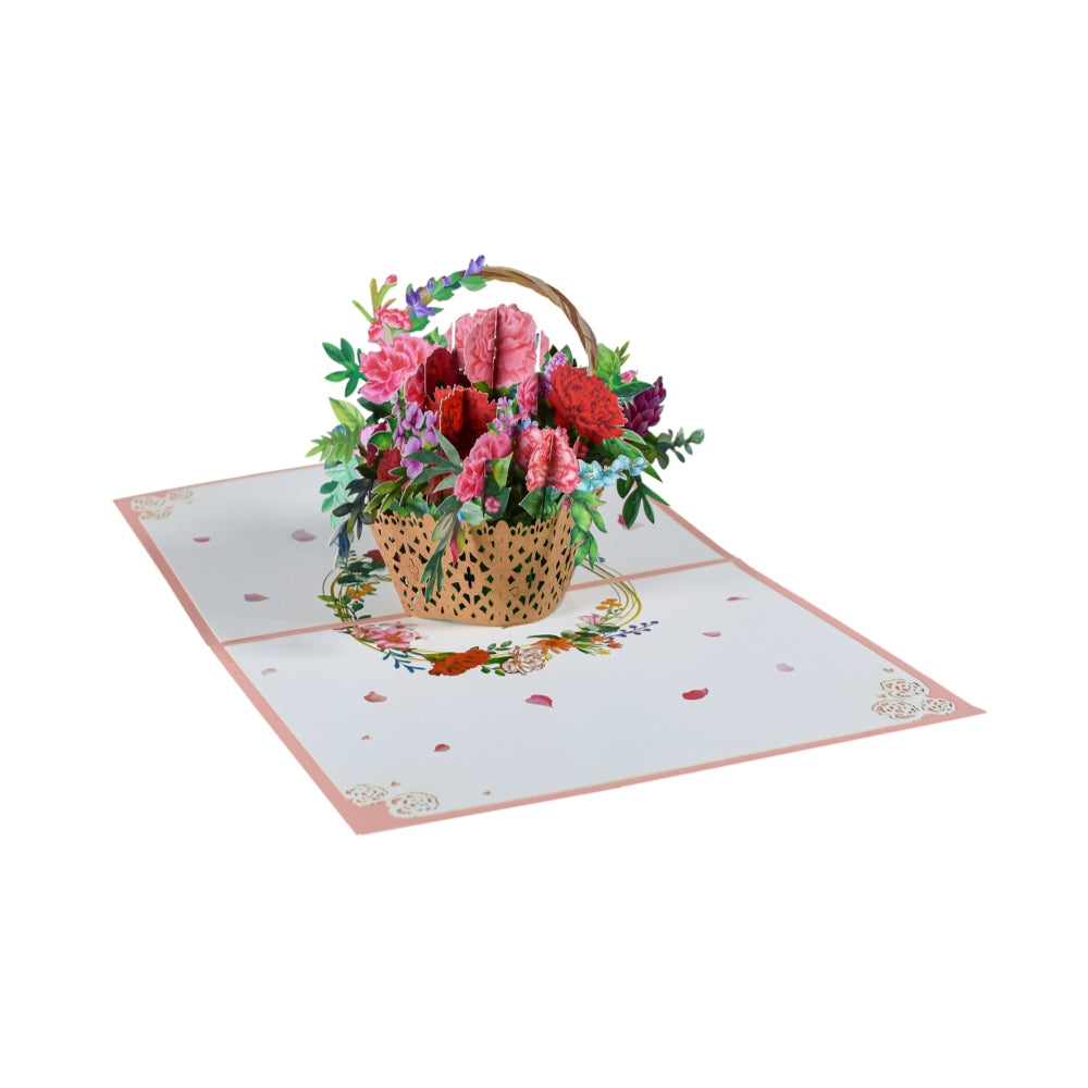 Roses & Carnations Blooming Basket 3D Pop-Up Greeting Card - Mother's Day Anniversary Birthday