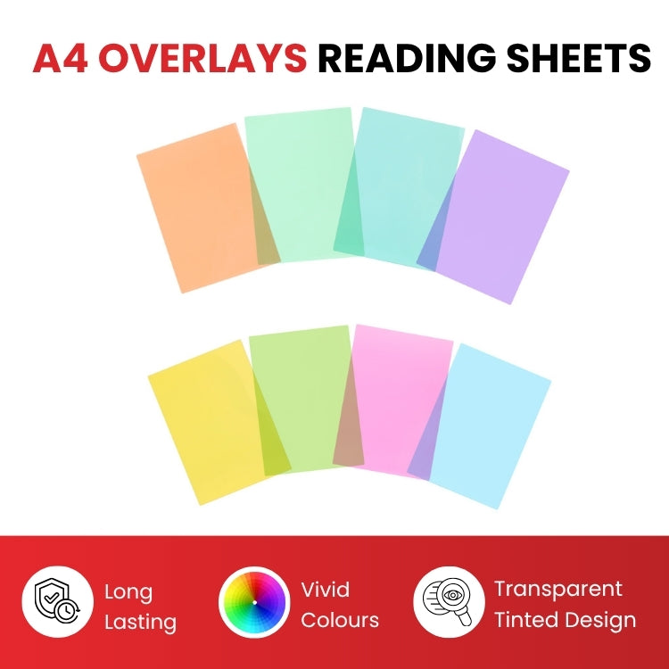 Pack of 16 A4 Plain Assorted Coloured Dyslexia Overlay Reading Sheets – PET Material, Rounded Corners