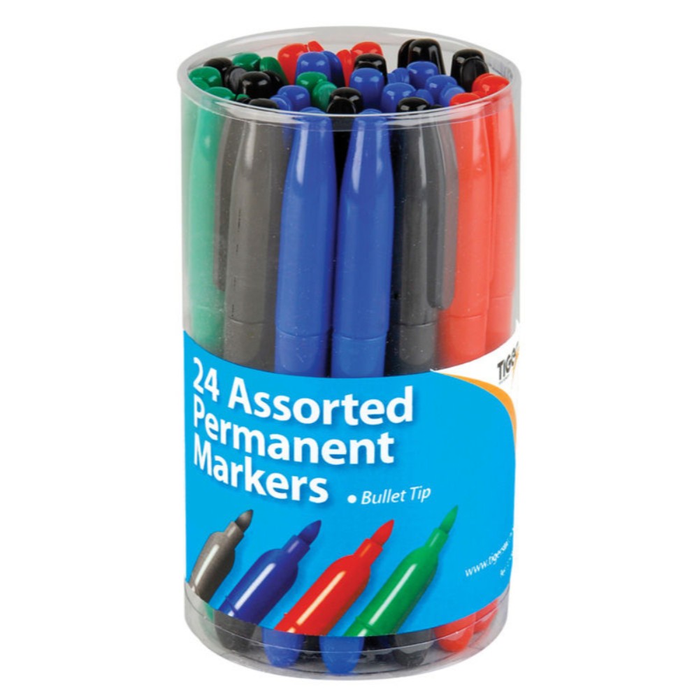 Tub of 24 Fine Bullet Tip Permanent Assorted Colour Marker Pens