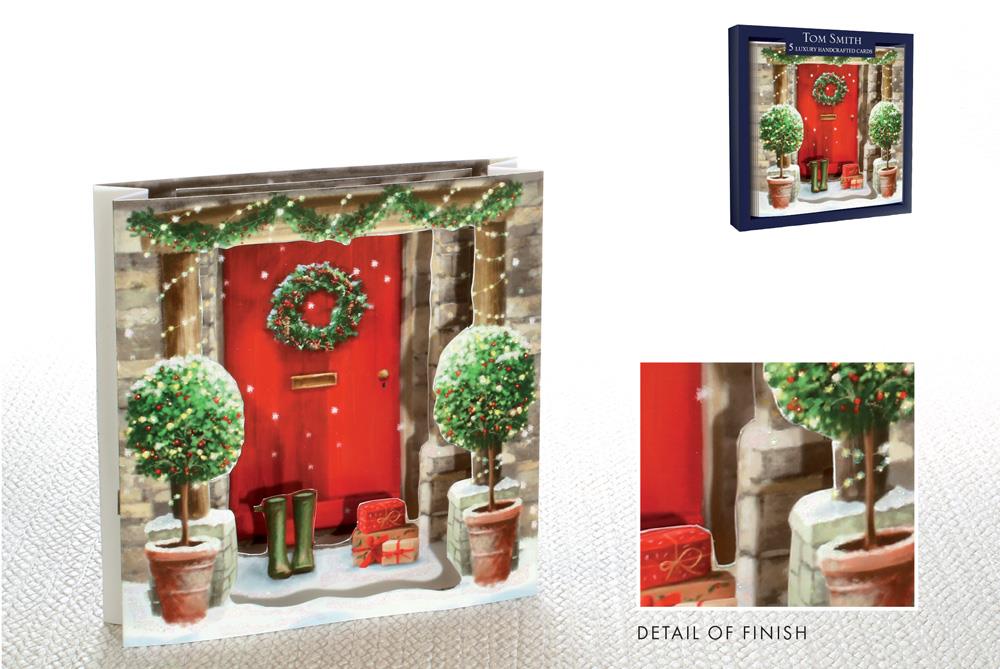Pack of 5 Handcrafted Front Door with Wreath Design Christmas Cards