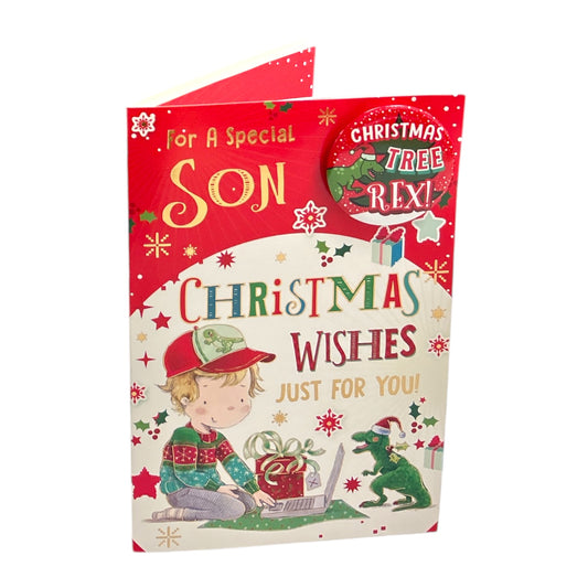 Special Son Christmas Tree Rex Dinosaur Design Christmas Card with Badge