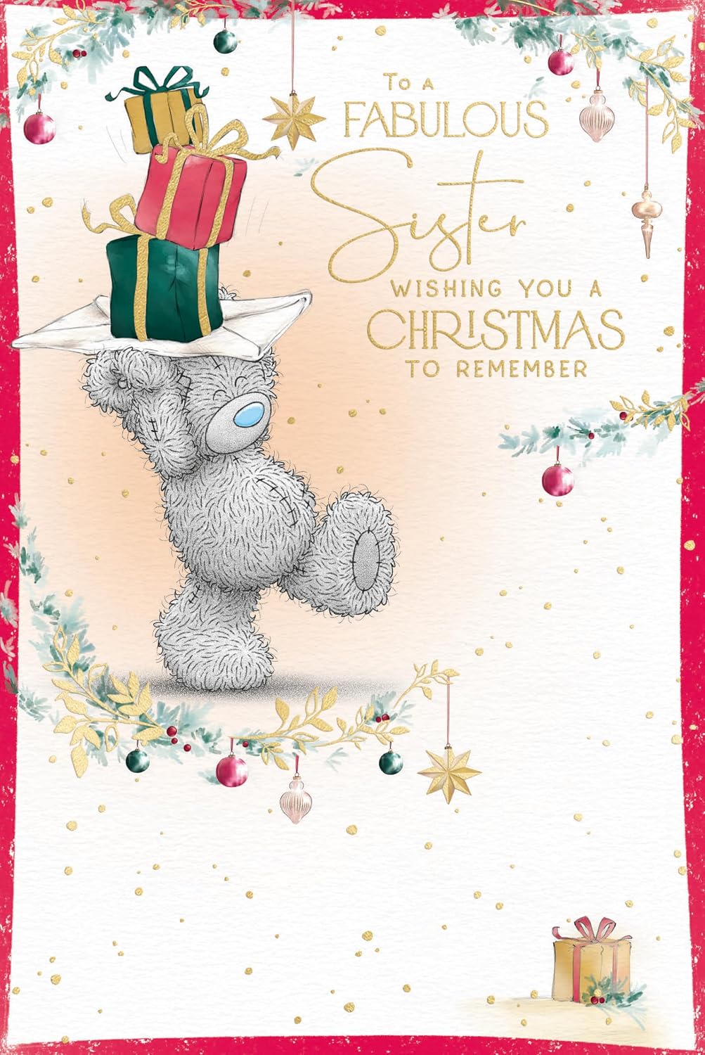 Bear With Stack Of Presents Above Head Fabulous Sister Christmas Card