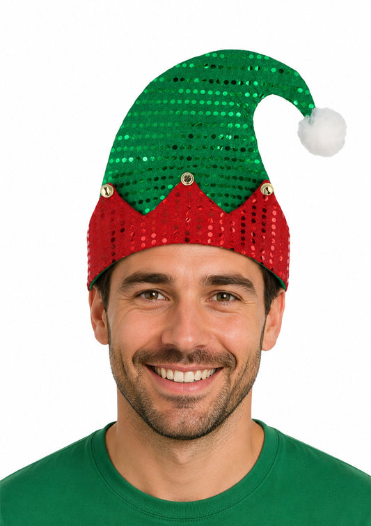 Adult Sequin Christmas Elf Hat with Bells (29cm x 31cm)
