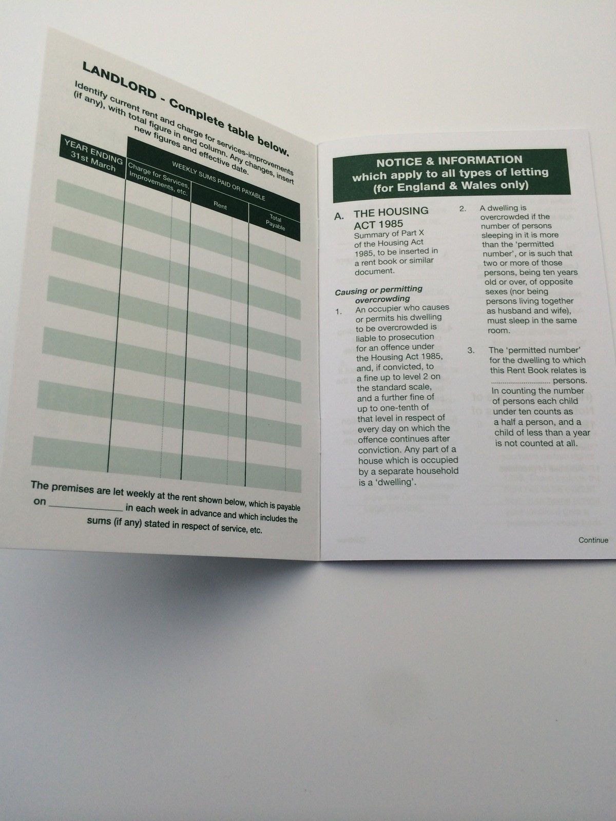 Rent Book For Use in England, Wales & Scotland