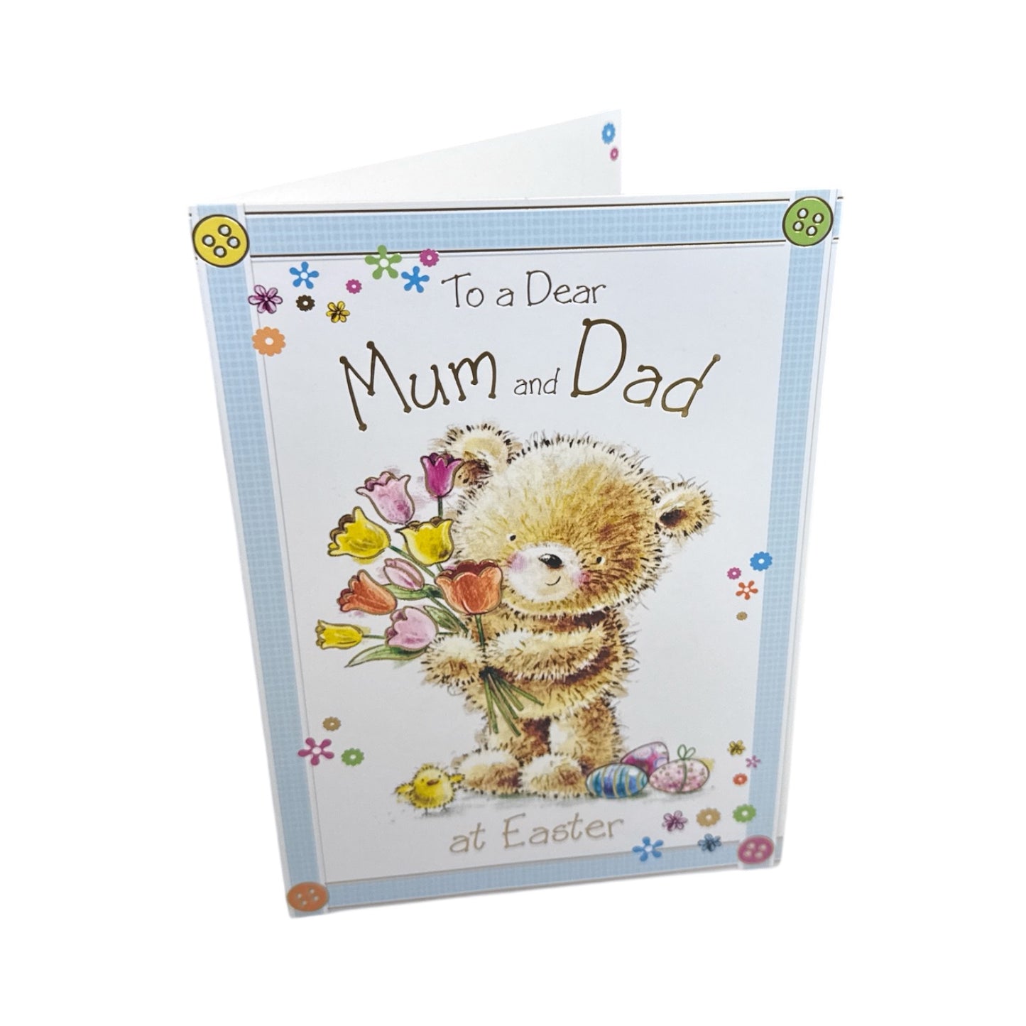 To Dear Mum And Dad  Cute Teddy Holding Tulip Flowers Design Easter Card