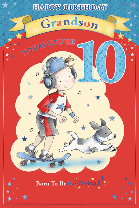 Grandson Candy Club 10th Birthday Card Boy & Headphones On Skateboard