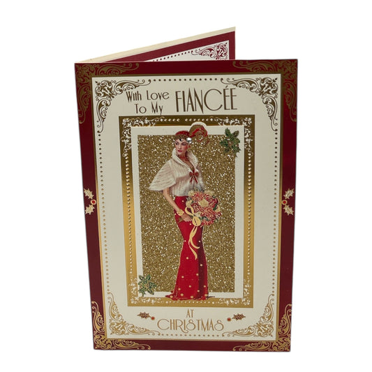 To My Fiancée Elegant Woman Holding Flowers Design Christmas Card