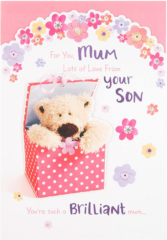 For You Mum Cute Teddy In Present Box Mother's Day Card From Your Son