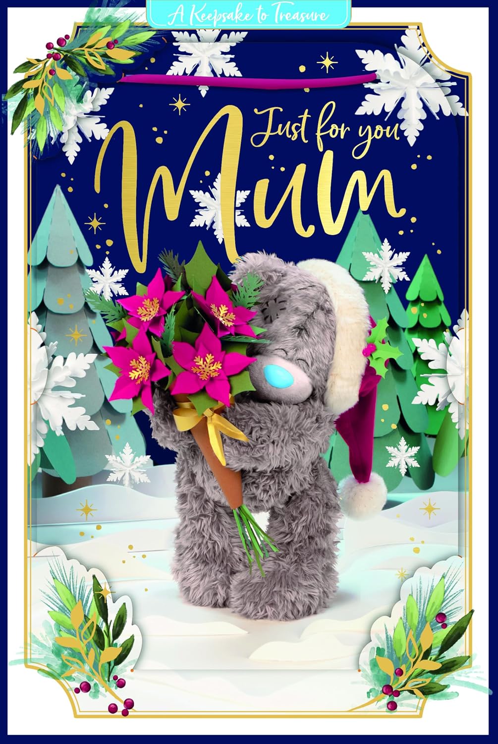 Bear Holding Poinsettia Bouquet Mum 3D Christmas Keepsake Card