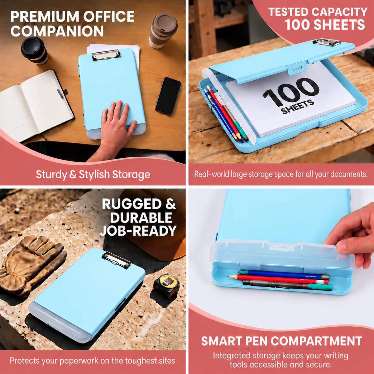 Pack of 12 A4 Light Blue Plastic Clipboard Box Files With Pencil Holder - Storage Filing Case