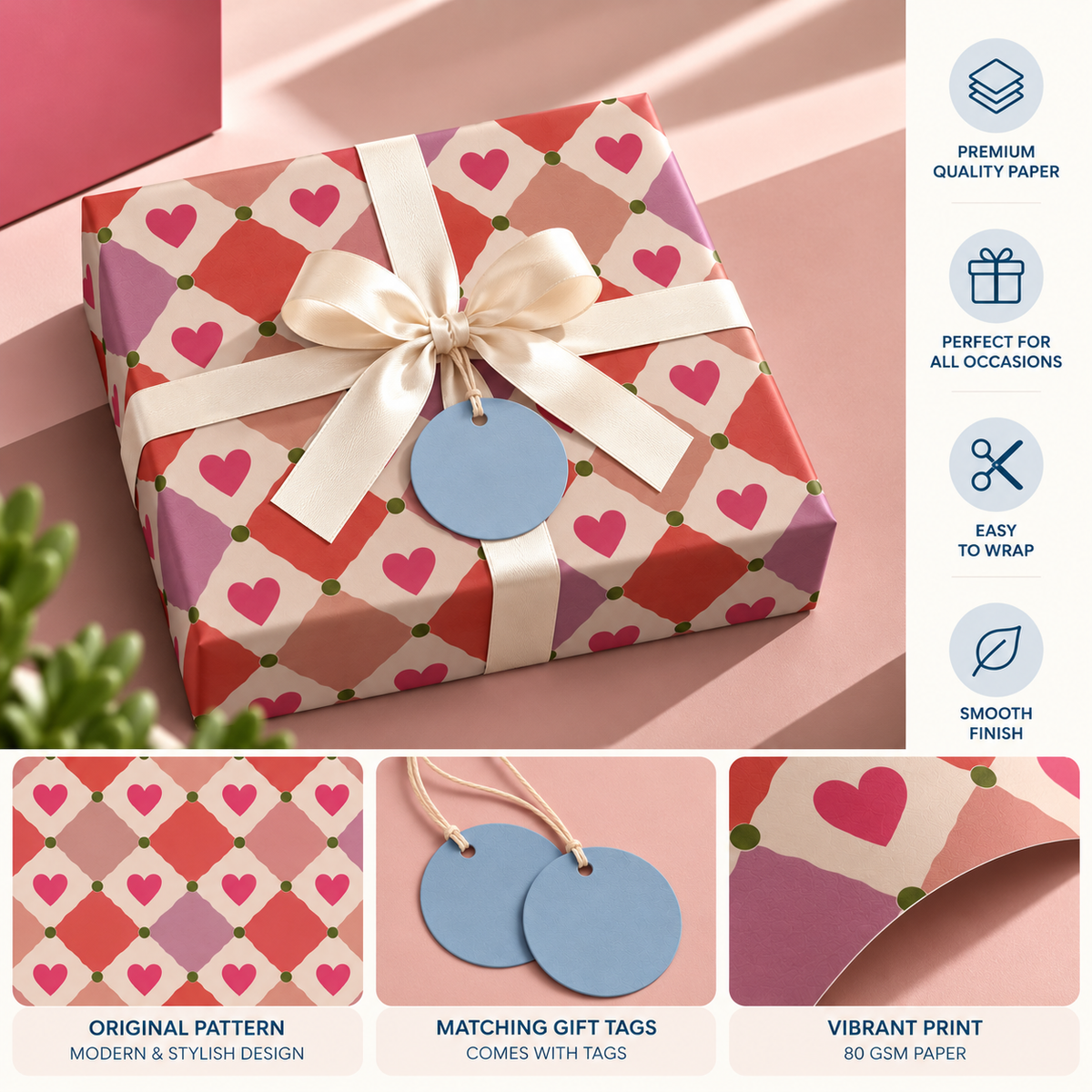 Pack of 2 Love Diamonds Design 50 x 70 cm Gift Wrap Sheets with 2 Tags - Valentine’s Day Christmas Romantic Occasions Birthdays