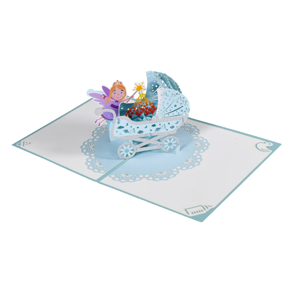 Blue Baby Boy Carriage and Fairy 3D Pop Up Baby Shower Greeting Card
