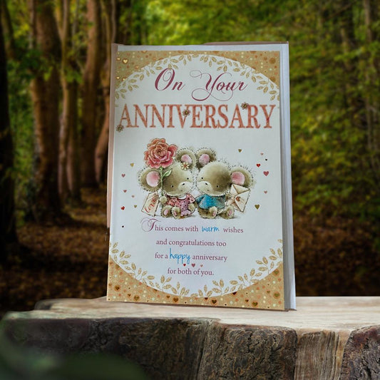 On Your Anniversary Cute Teddy Couple With Rose Greeting Card