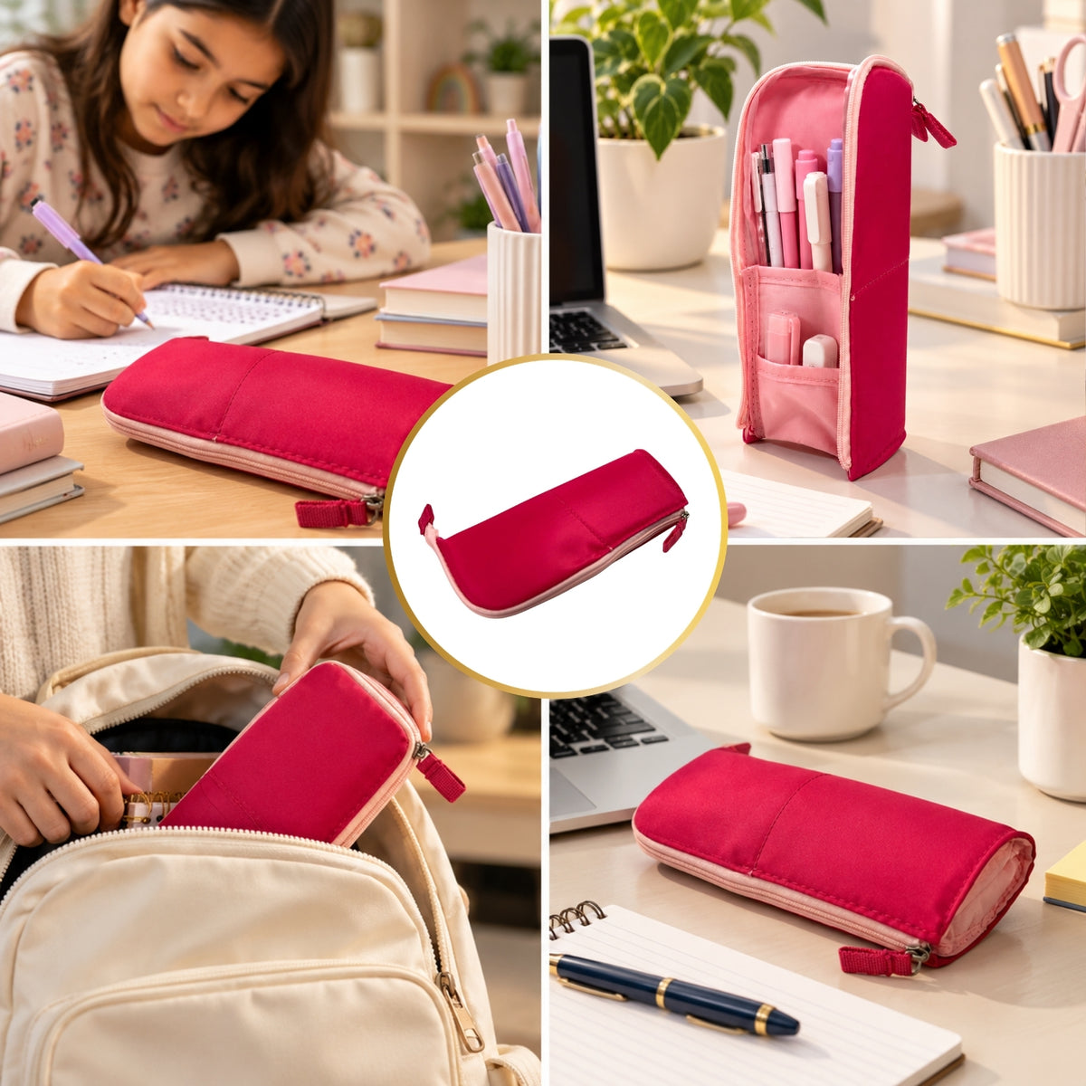 Pink Standing Zip Pencil Case 19.5 x 5 x 9cm