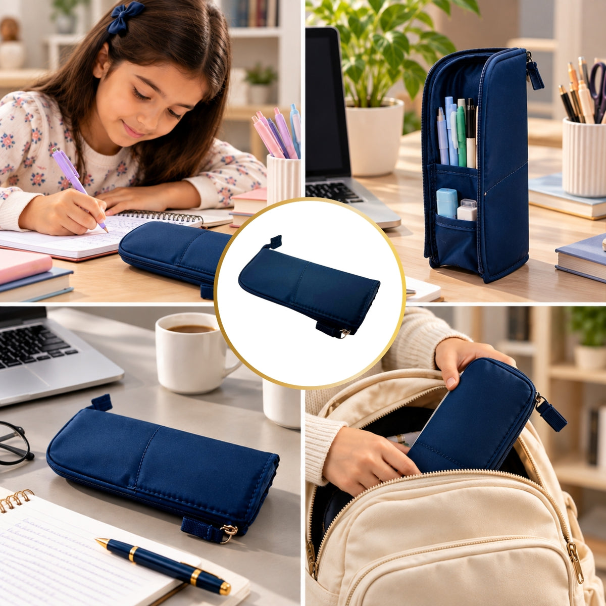 Pack of 12 Blue Standing Zip Pencil Cases 19.5 x 5 x 9cm