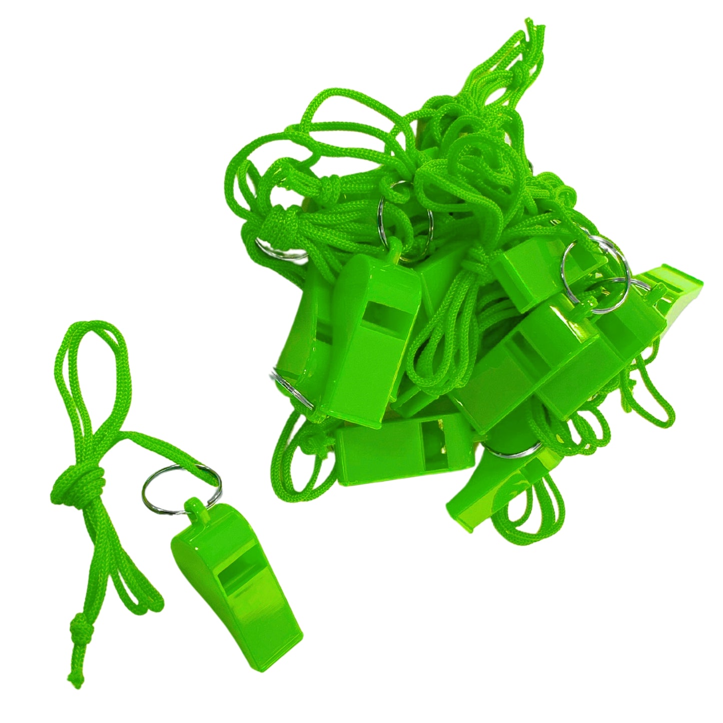 Pack of 100 Green Plastic Whistles with Lanyard Neck Cord