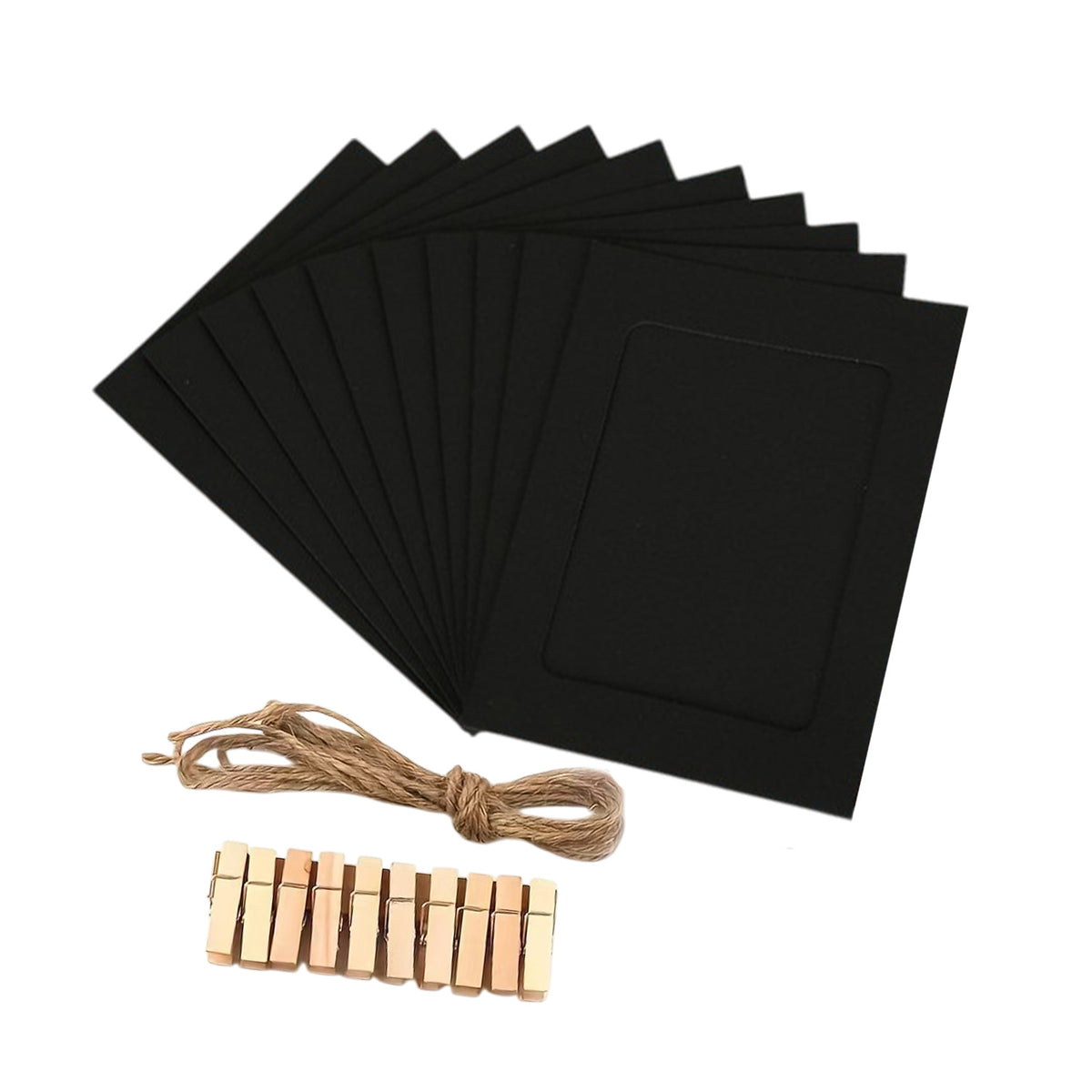 6 x Black Photo Frame Banner Set with Wooden Pegs and Hemp Twine