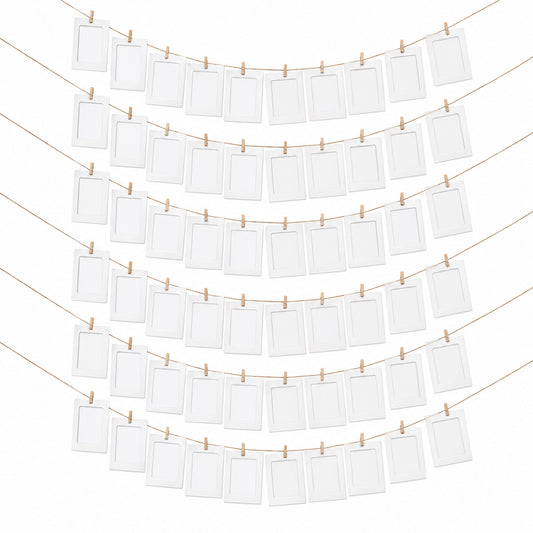 6 x White Photo Frame Banner Set with Wooden Pegs and Hemp Twine