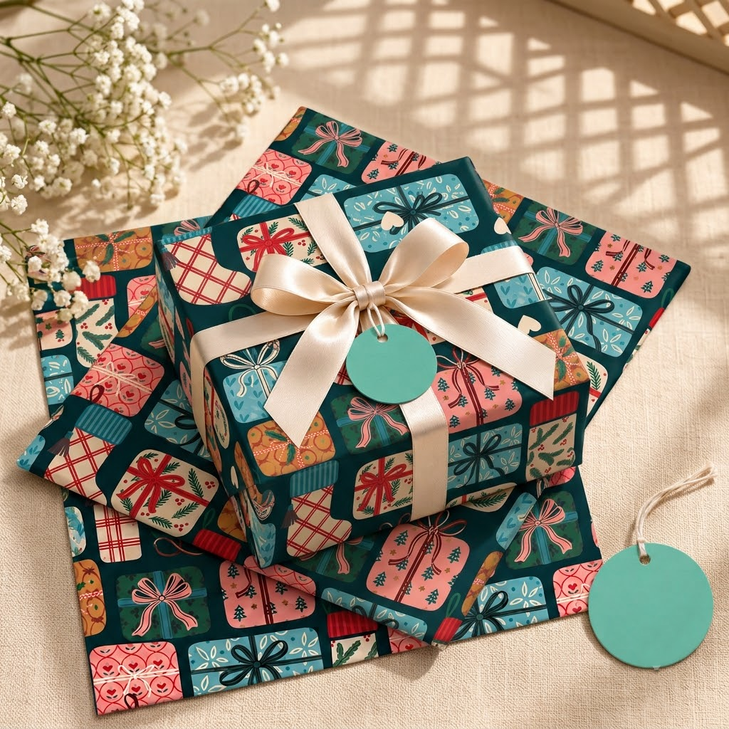 Pack of 2 Present Pattern Design 50 x 70 cm Gift Wrap Sheets with 2 Tags - Christmas Birthdays Kids Party Holiday Gifting