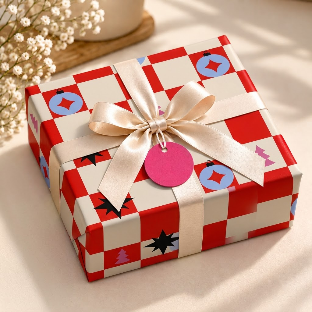 Pack of 2 Festive Checkboard Design 50 x 70 cm Gift Wrap Sheets with 2 Tags - Christmas Valentine’s Mother's Day Everyday Celebrations