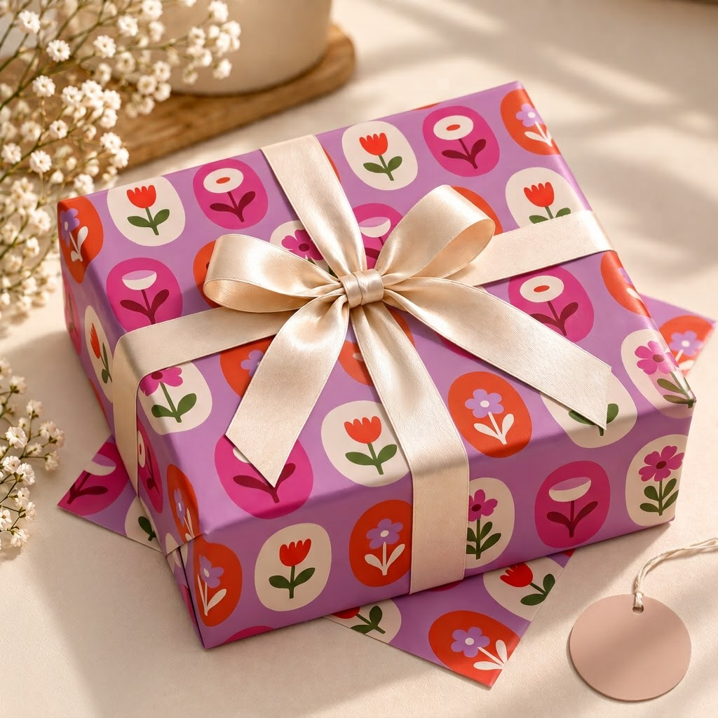 Pack of 2 Spring Tulips Design 50 x 70 cm Gift Wrap Sheets with 2 Tags - Valentine’s Mother's Day Birthdays Everyday Celebrations