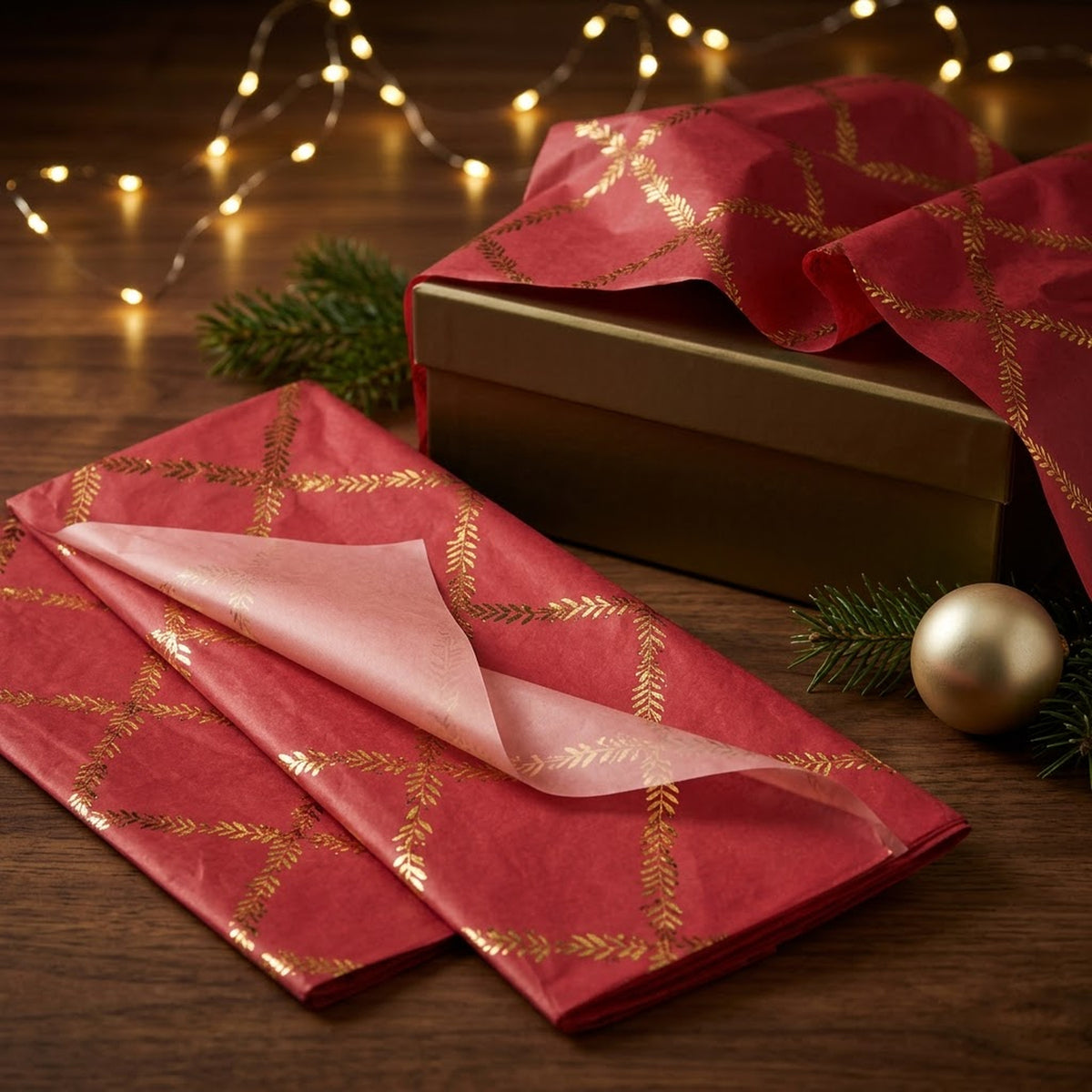 Pack of 5 Red Leaf Lattice Frame Design 50 x 70 cm Luxury Gold Foil Tissue Sheets - Christmas, Valentine