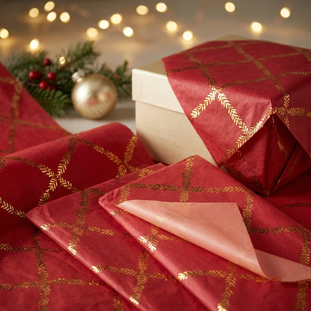 Pack of 5 Red Leaf Lattice Frame Design 50 x 70 cm Luxury Gold Foil Tissue Sheets - Christmas, Valentine