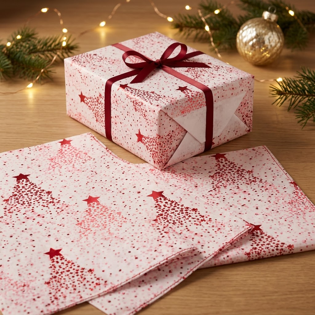 Pack of 5 Dotted Christmas Star Design 50 x 70 cm Luxury Red Foil Tissue Sheets