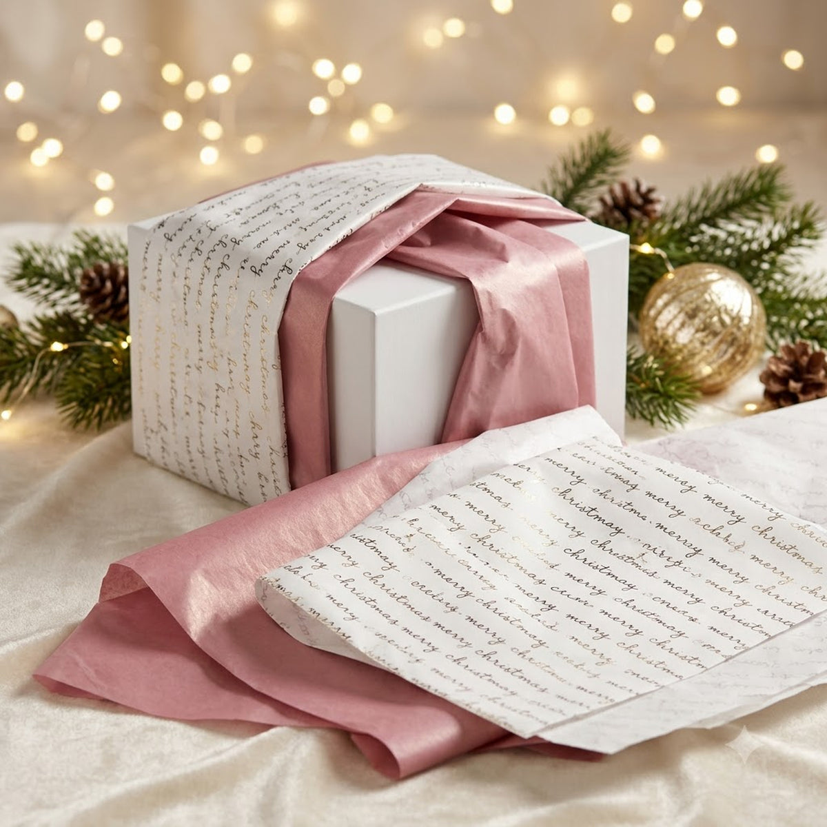 Pack of 8 Merry Christmas Script Luxury Silver Foil Design & Plain Pink 50 x 70 cm Tissue Sheets