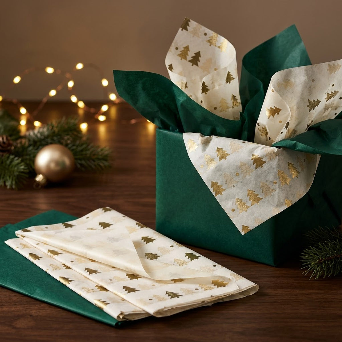 Pack of 8 Christmas Tree Dots Luxury Gold Foil Design & Plain Dark Green 50 x 70 cm Tissue Sheets