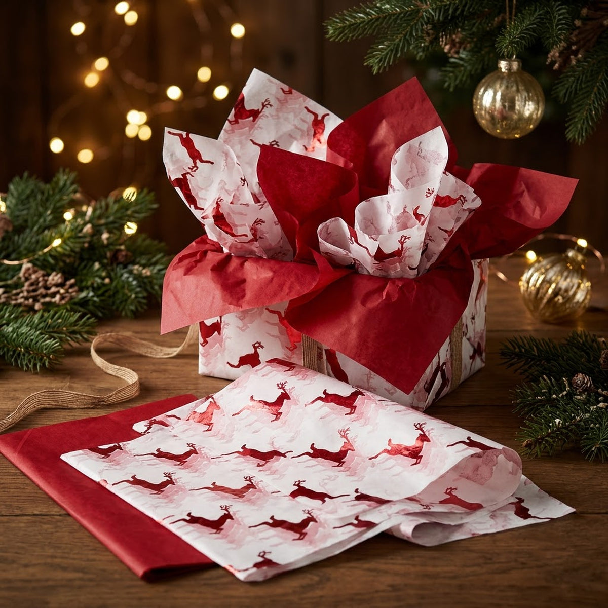 Pack of 8 Flying Reindeer Luxury Red Foil Design & Plain Red 50 x 70 cm Tissue Sheets - Christmas Winter Celebrations