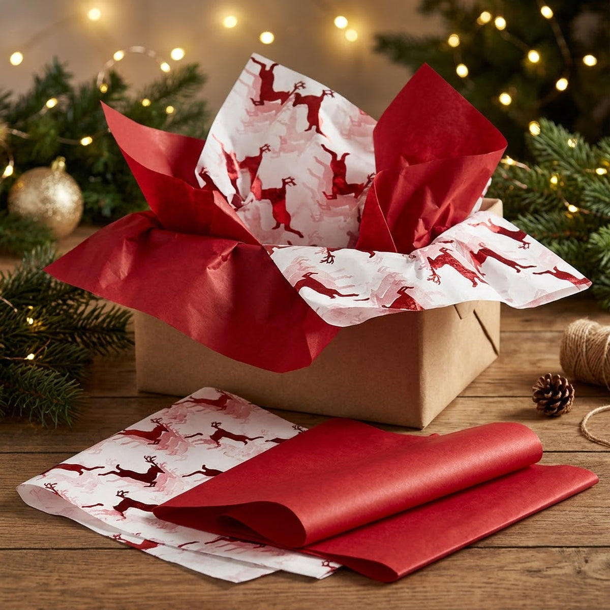 Pack of 8 Flying Reindeer Luxury Red Foil Design & Plain Red 50 x 70 cm Tissue Sheets - Christmas Winter Celebrations