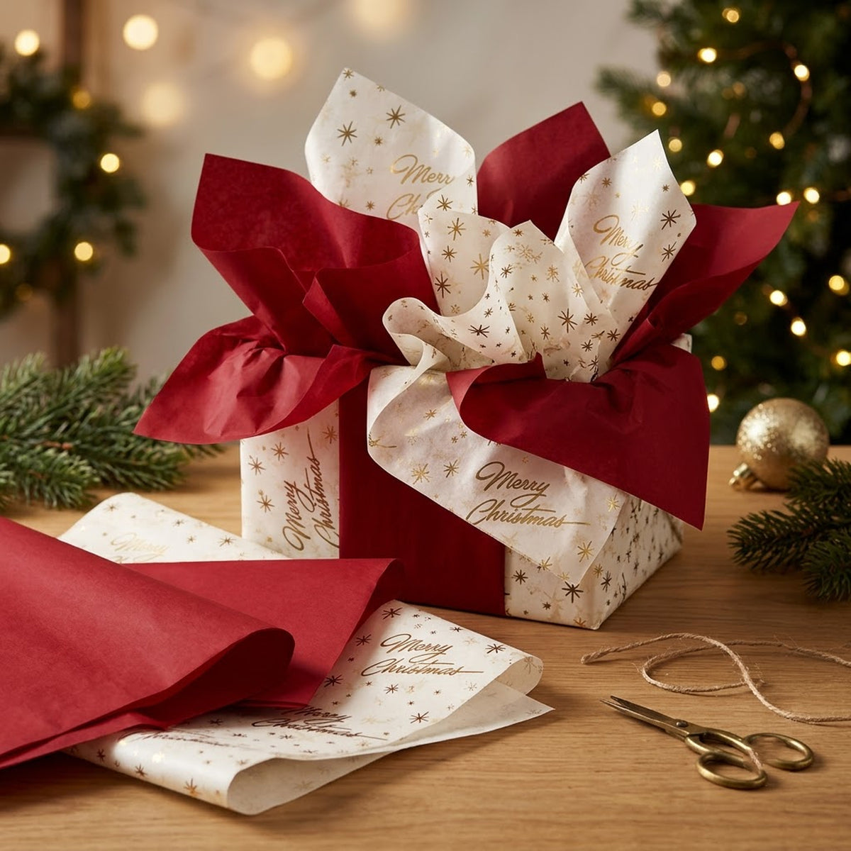 Pack of 8 Merry Christmas Luxury Gold Foil Design & Plain Red 50 x 70 cm Tissue Sheets