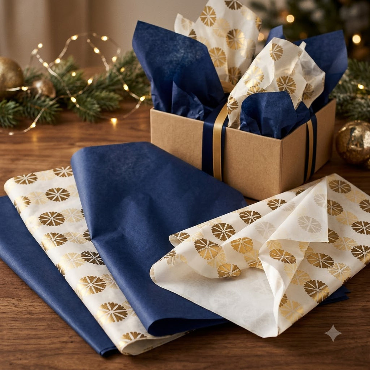 Pack of 8 Foil Floral Dots & Plain Navy Blue 50 x 70 cm Tissue Sheets - Weddings Anniversaries Birthdays Any Occasion