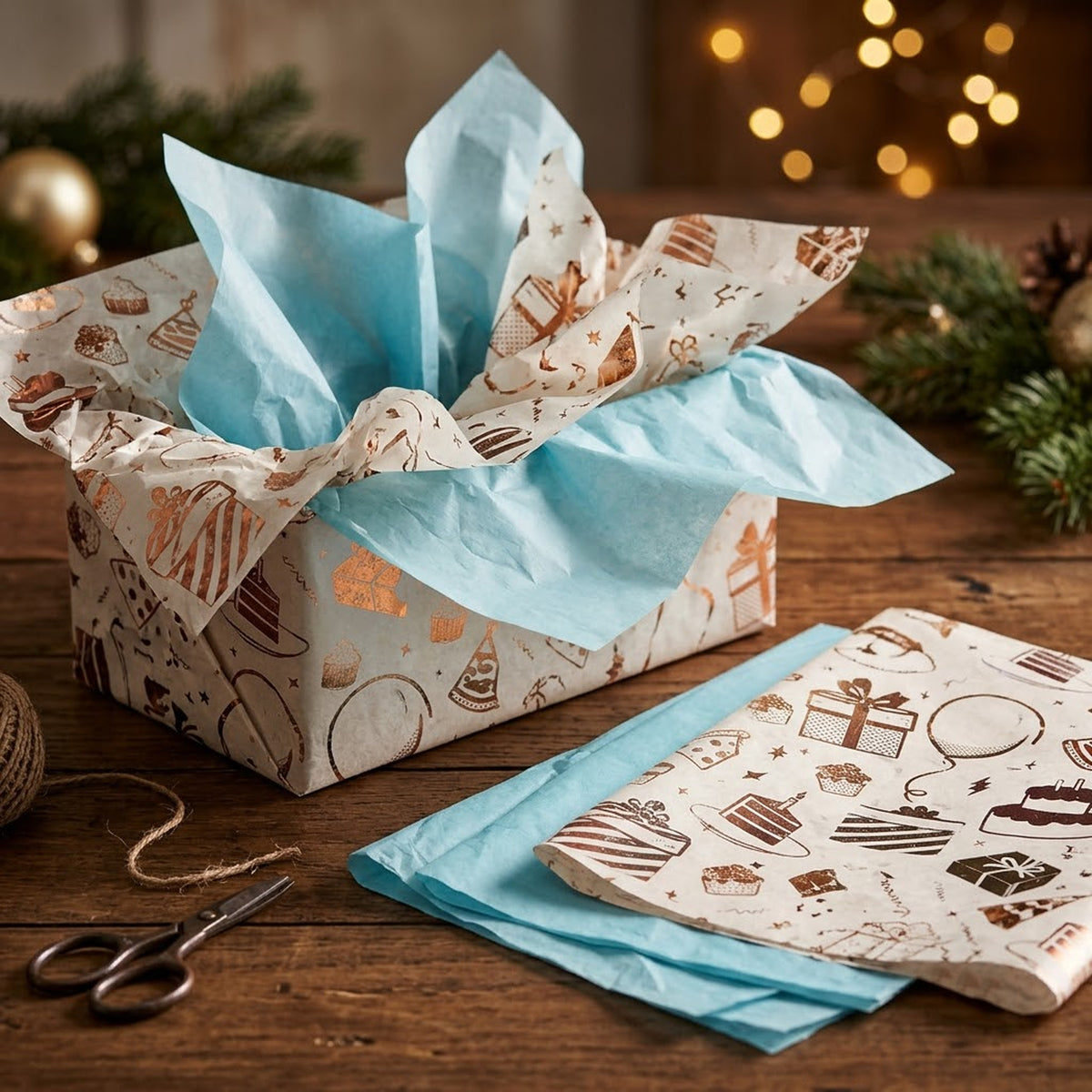 Pack of 8 Birthday Bliss Luxury Gold Foil Design & Plain Sky Blue 50 x 70 cm Tissue Sheets - Boys, Cake, Celebration