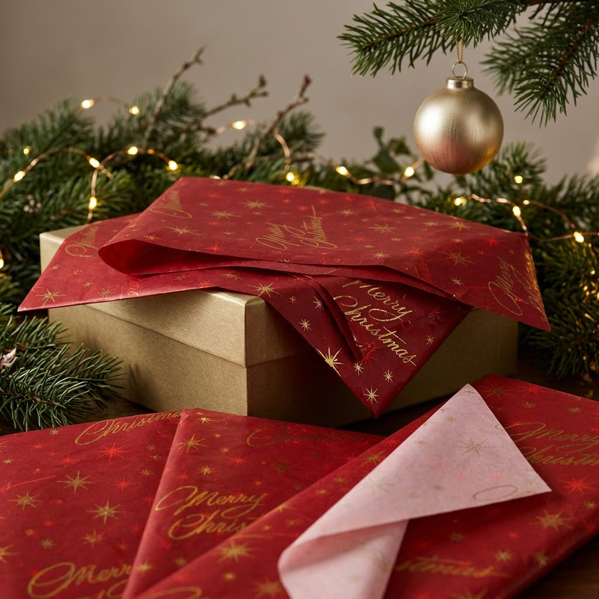 Pack of 5 Red Merry Christmas Design 50 x 70 cm Luxury Gold Foil Tissue Sheets