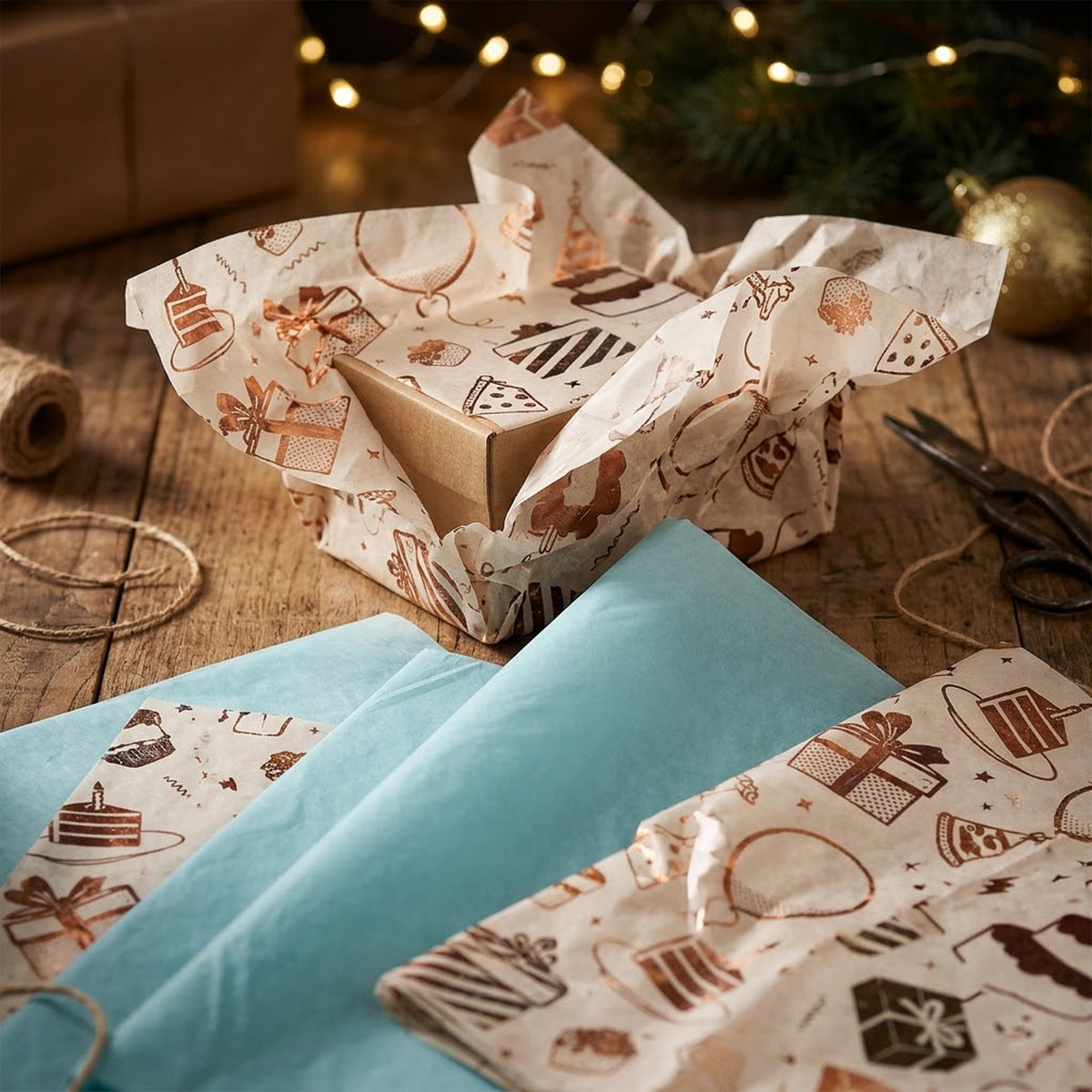 Pack of 8 Birthday Bliss Luxury Gold Foil Design & Plain Sky Blue 50 x 70 cm Tissue Sheets - Boys, Cake, Celebration