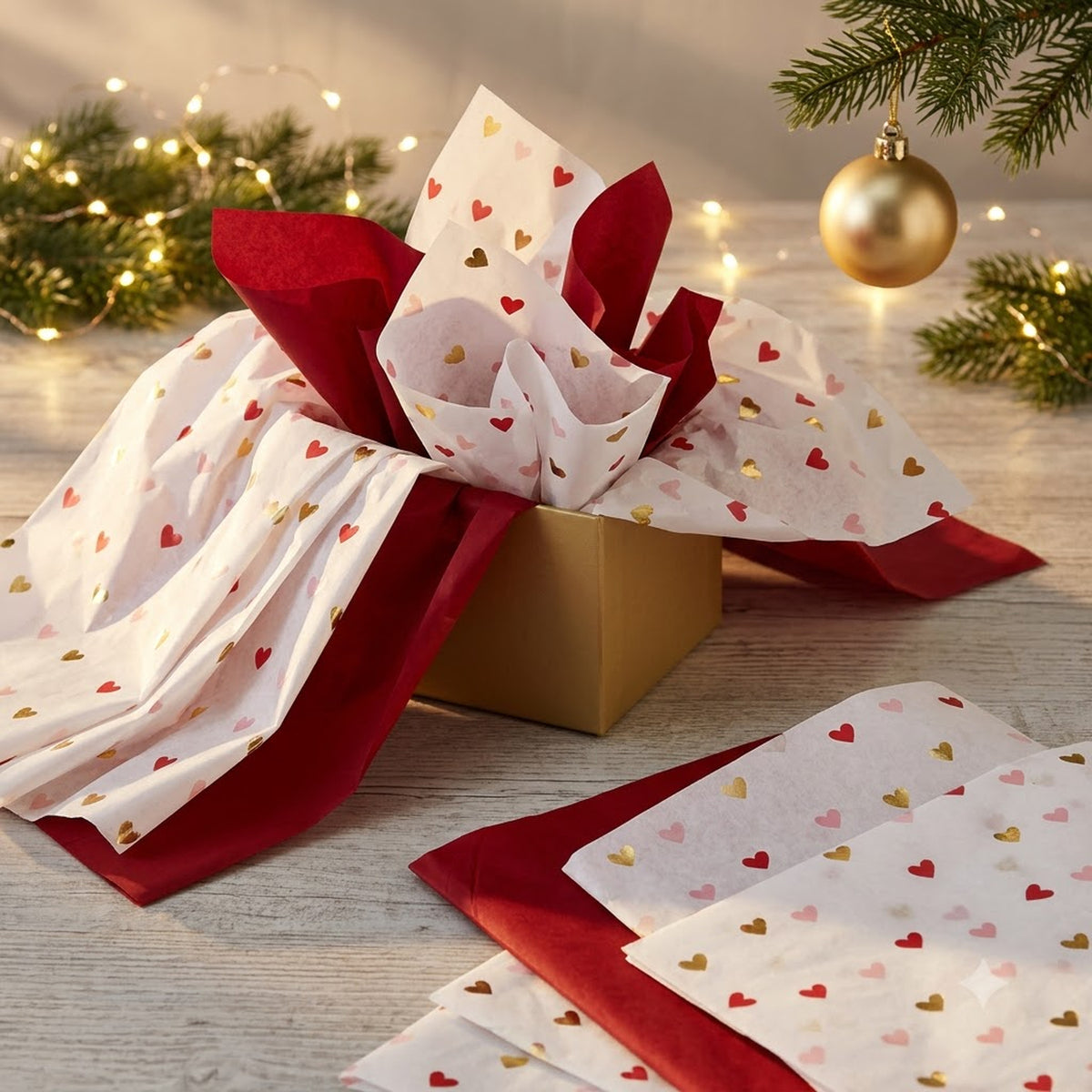 Pack of 8 Valentine Elegance Hearts Luxury Red Foil Design & Plain Red 50 x 70 cm Tissue Sheets - Christmas Valentine's Wedding Birthday