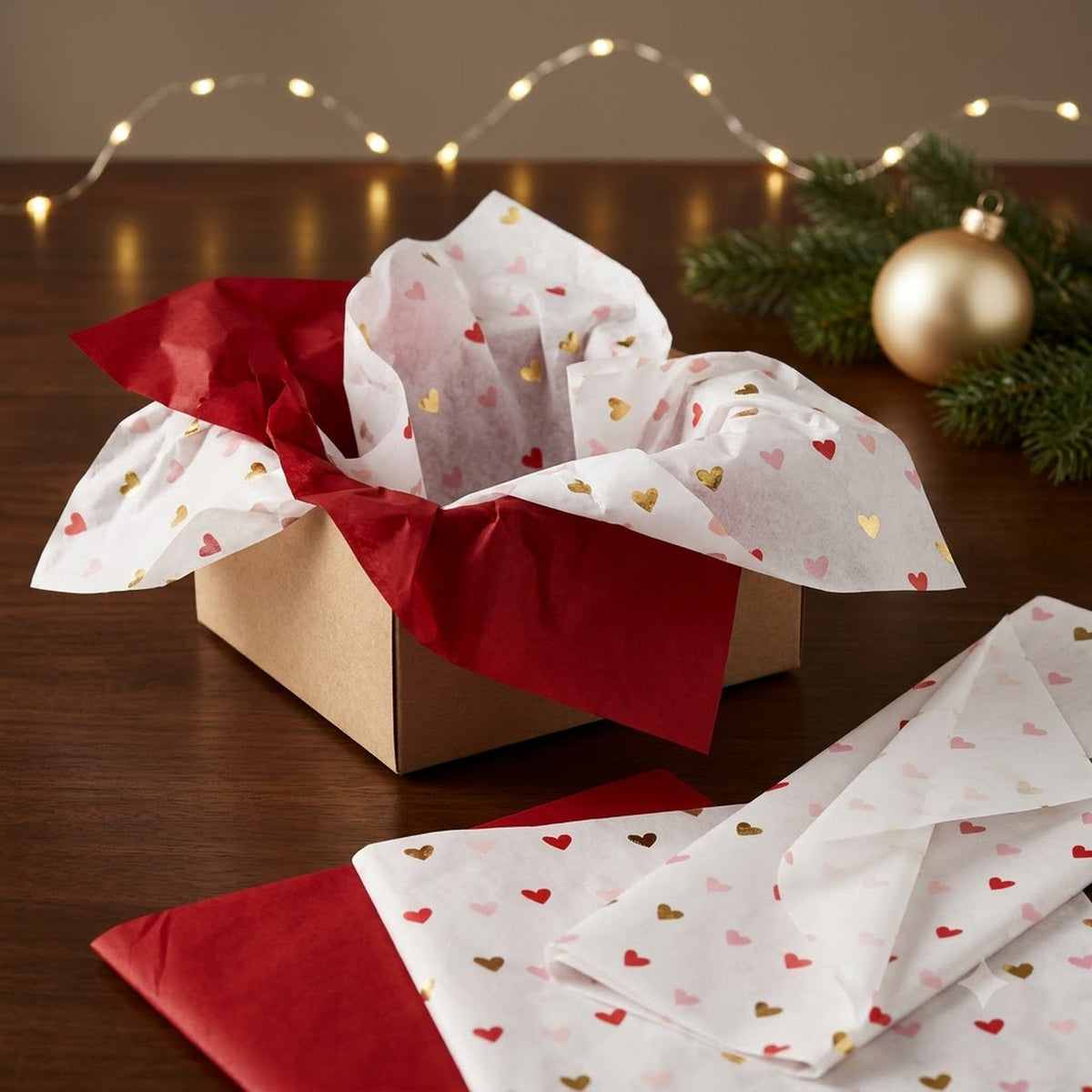 Pack of 8 Valentine Elegance Hearts Luxury Red Foil Design & Plain Red 50 x 70 cm Tissue Sheets - Christmas Valentine's Wedding Birthday