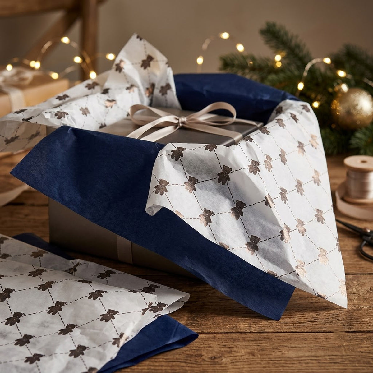 Pack of 8 Teddy Bear Luxury Gold Foil Design & Plain Navy Blue 50 x 70 cm Tissue Sheets - Birthday, Boys, Celebration