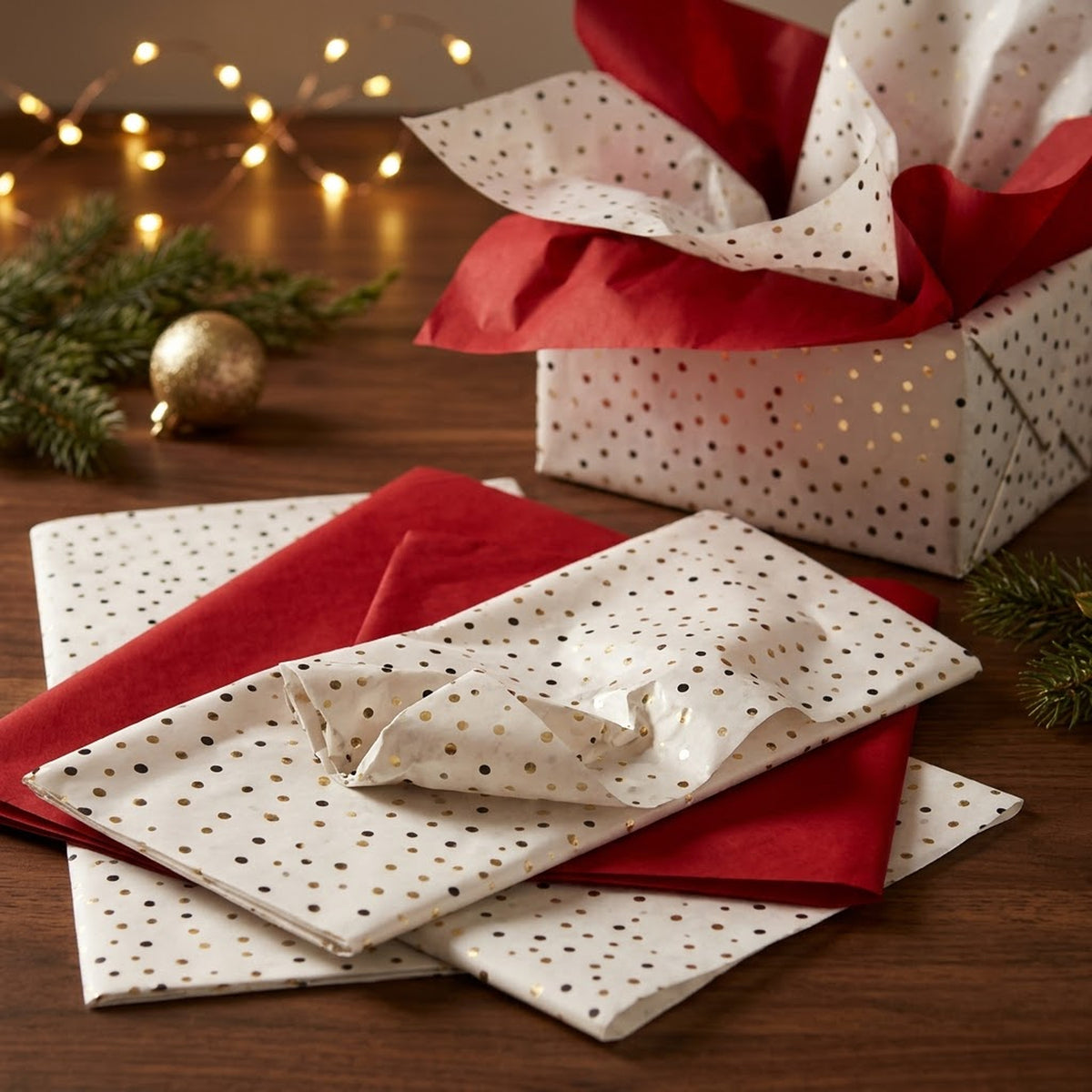 Pack of 8 Confetti Dots Luxury Red Foil Design & Plain Red 50 x 70 cm Tissue Sheets - Christmas, Valentine